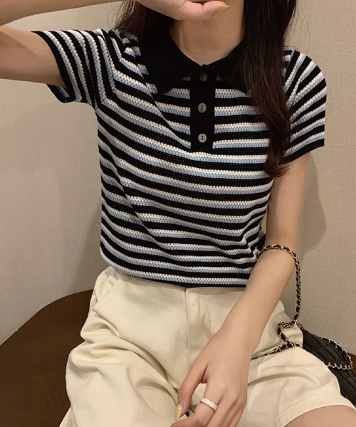 meJane（ミージェーン）の「襟配色ボーダーポロニット【ZOZOTOWN限定】（ポロシャツ・レディース・ベージュ/ネイビー/ボルドー・FREE）」の12枚目の写真