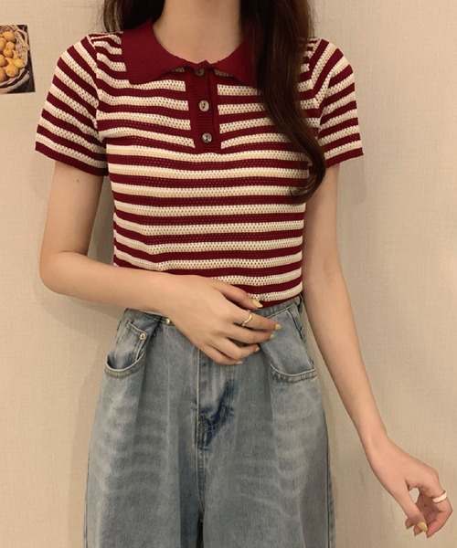 meJane（ミージェーン）の「襟配色ボーダーポロニット【ZOZOTOWN限定】（ポロシャツ・レディース・ベージュ/ネイビー/ボルドー・FREE）」の4枚目の写真