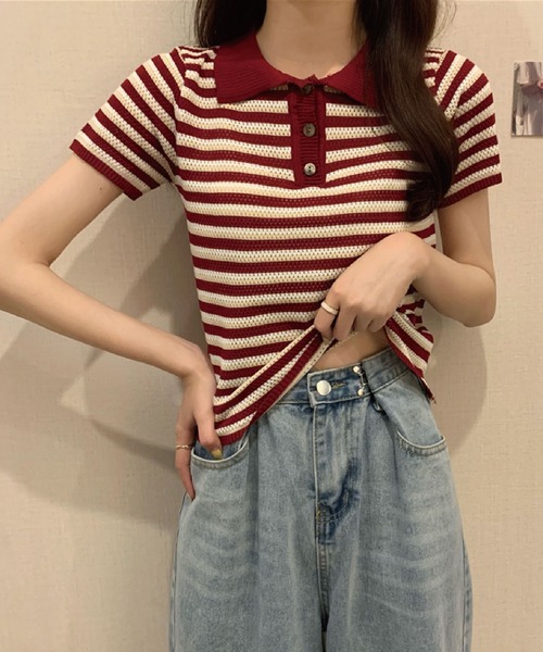 meJane（ミージェーン）の「襟配色ボーダーポロニット【ZOZOTOWN限定】（ポロシャツ・レディース・ベージュ/ネイビー/ボルドー・FREE）」の7枚目の写真