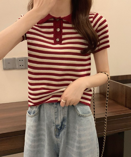 meJane（ミージェーン）の「襟配色ボーダーポロニット【ZOZOTOWN限定】（ポロシャツ・レディース・ベージュ/ネイビー/ボルドー・FREE）」の6枚目の写真