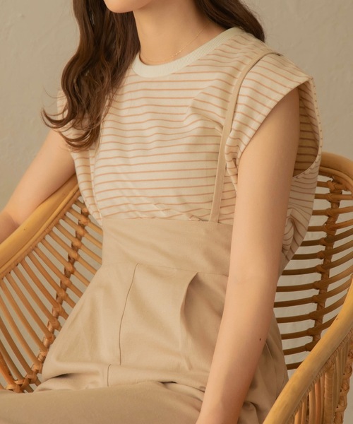 I_am(アイアム)の「no sleeve border t-shirt(Tシャツ/カットソー・レディース・ブラック/ベージュ/オリーブ・FREE)」の3枚目の写真