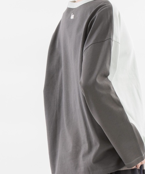 nop de nod(ノップドゥノッド)の「USコットンバイカラーオーバーサイズロングTシャツ(Tシャツ/カットソー・レディース・オフホワイト/ダークグレー/ミント・3)」の19枚目の写真