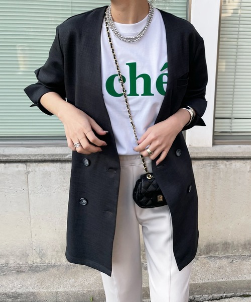 DouDou(ドゥドゥ)の「スラブツイルノーカラージャケット(ノーカラージャケット・レディース・チャコールグレー/ベージュ/ブルー・FREE)」の2枚目の写真