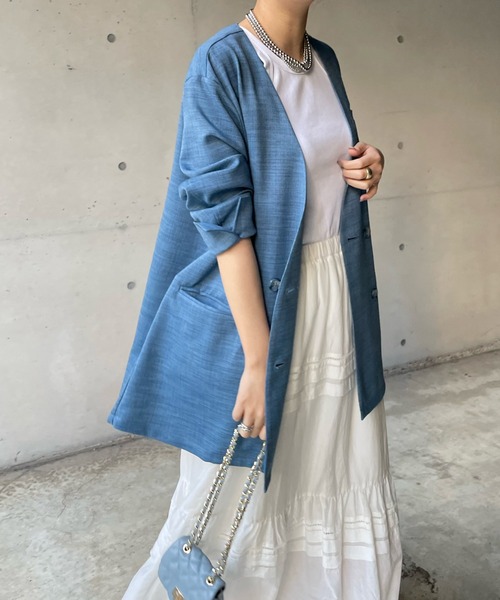 DouDou(ドゥドゥ)の「スラブツイルノーカラージャケット(ノーカラージャケット・レディース・チャコールグレー/ベージュ/ブルー・FREE)」の3枚目の写真