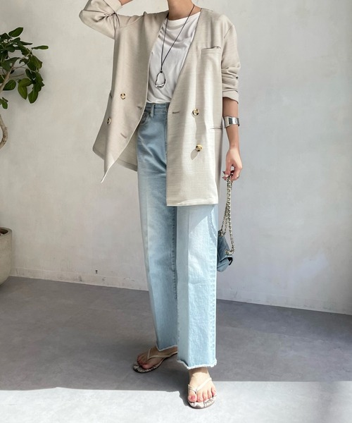 DouDou(ドゥドゥ)の「スラブツイルノーカラージャケット(ノーカラージャケット・レディース・チャコールグレー/ベージュ/ブルー・FREE)」の16枚目の写真