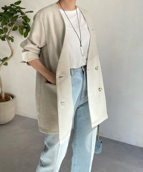 DouDou(ドゥドゥ)の「スラブツイルノーカラージャケット(ノーカラージャケット・レディース・チャコールグレー/ベージュ/ブルー・FREE)」の10枚目の写真