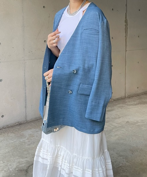 DouDou(ドゥドゥ)の「スラブツイルノーカラージャケット(ノーカラージャケット・レディース・チャコールグレー/ベージュ/ブルー・FREE)」の18枚目の写真