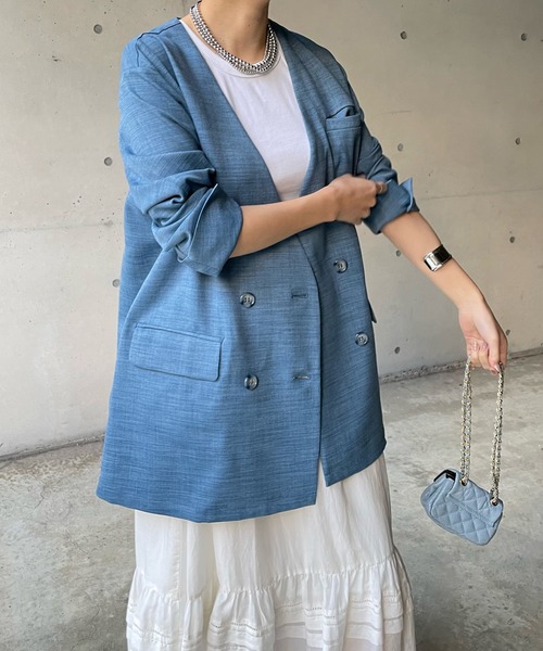 DouDou(ドゥドゥ)の「スラブツイルノーカラージャケット(ノーカラージャケット・レディース・チャコールグレー/ベージュ/ブルー・FREE)」の12枚目の写真