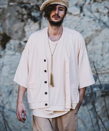 【NO ID.】Rib Half Sleeve V-Neck Cardigan / テレコ ハーフ スリーブ Vネック カーディガン