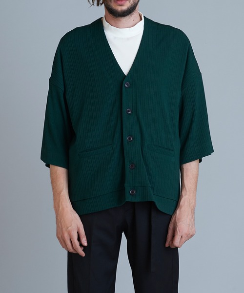 NO ID.（ノーアイディ）の「【NO ID.】Rib Half Sleeve V-Neck Cardigan / テレコ ハーフ スリーブ Vネック カーディガン（カーディガン/ボレロ・メンズ・ブラック/アイボリー/サックスブルー/グリーン・ONE SIZE）」の6枚目の写真