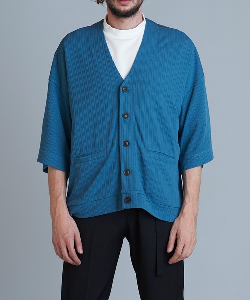 NO ID.（ノーアイディ）の「【NO ID.】Rib Half Sleeve V-Neck Cardigan / テレコ ハーフ スリーブ Vネック カーディガン（カーディガン/ボレロ・メンズ・ブラック/アイボリー/サックスブルー/グリーン・ONE SIZE）」の7枚目の写真