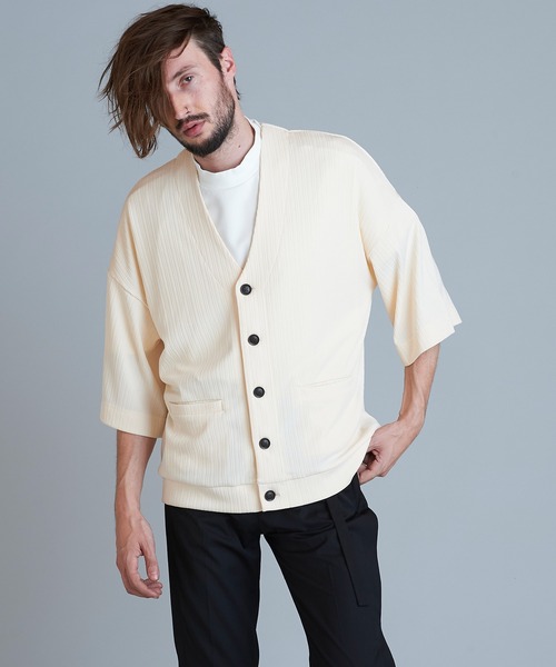 NO ID.（ノーアイディ）の「【NO ID.】Rib Half Sleeve V-Neck Cardigan / テレコ ハーフ スリーブ Vネック カーディガン（カーディガン/ボレロ・メンズ・ブラック/アイボリー/サックスブルー/グリーン・ONE SIZE）」の13枚目の写真