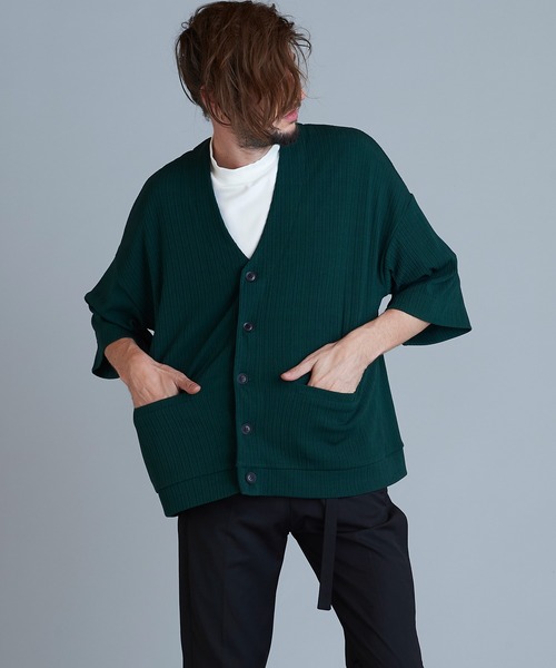 NO ID.（ノーアイディ）の「【NO ID.】Rib Half Sleeve V-Neck Cardigan / テレコ ハーフ スリーブ Vネック カーディガン（カーディガン/ボレロ・メンズ・ブラック/アイボリー/サックスブルー/グリーン・ONE SIZE）」の14枚目の写真