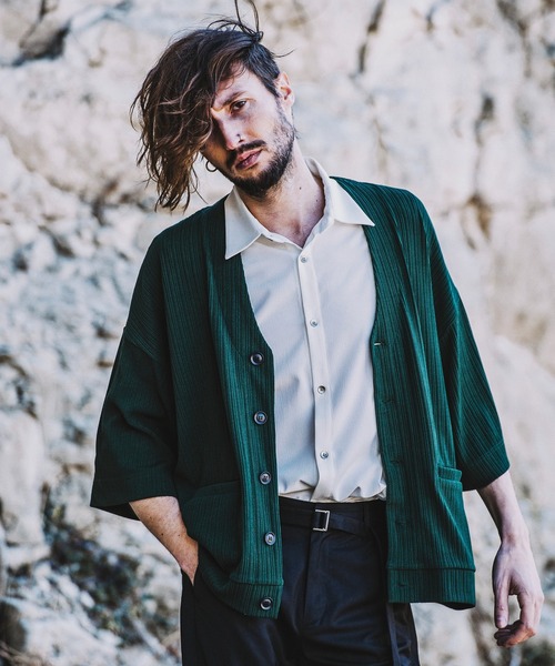 NO ID.（ノーアイディ）の「【NO ID.】Rib Half Sleeve V-Neck Cardigan / テレコ ハーフ スリーブ Vネック カーディガン（カーディガン/ボレロ・メンズ・ブラック/アイボリー/サックスブルー/グリーン・ONE SIZE）」の18枚目の写真