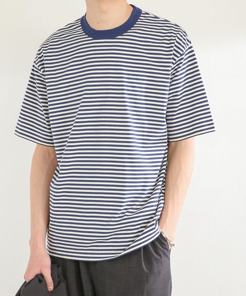 SENSE OF PLACE by URBAN RESEARCH(センスオブプレイスバイアーバンリサーチ)の「ボーダースムースシルケットTシャツ(5分袖)(Tシャツ/カットソー・メンズ・グリーン/ブラック/ネイビー・MEDIUM/LARGE)」の1枚目の写真