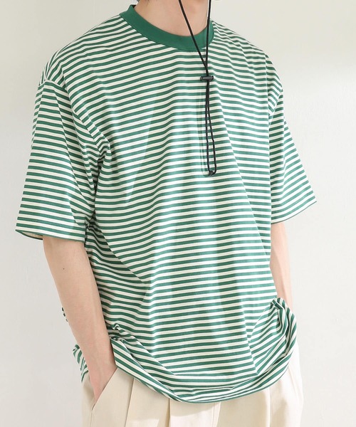 SENSE OF PLACE by URBAN RESEARCH(センスオブプレイスバイアーバンリサーチ)の「ボーダースムースシルケットTシャツ(5分袖)(Tシャツ/カットソー・メンズ・グリーン/ブラック/ネイビー・MEDIUM/LARGE)」の3枚目の写真