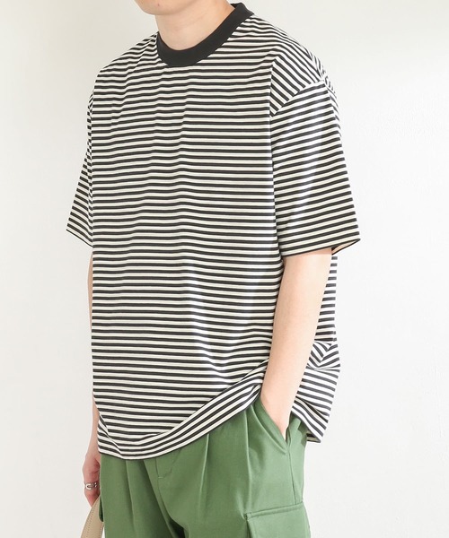 SENSE OF PLACE by URBAN RESEARCH(センスオブプレイスバイアーバンリサーチ)の「ボーダースムースシルケットTシャツ(5分袖)(Tシャツ/カットソー・メンズ・グリーン/ブラック/ネイビー・MEDIUM/LARGE)」の4枚目の写真