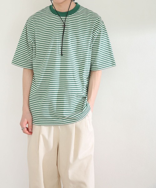 SENSE OF PLACE by URBAN RESEARCH(センスオブプレイスバイアーバンリサーチ)の「ボーダースムースシルケットTシャツ(5分袖)(Tシャツ/カットソー・メンズ・グリーン/ブラック/ネイビー・MEDIUM/LARGE)」の18枚目の写真