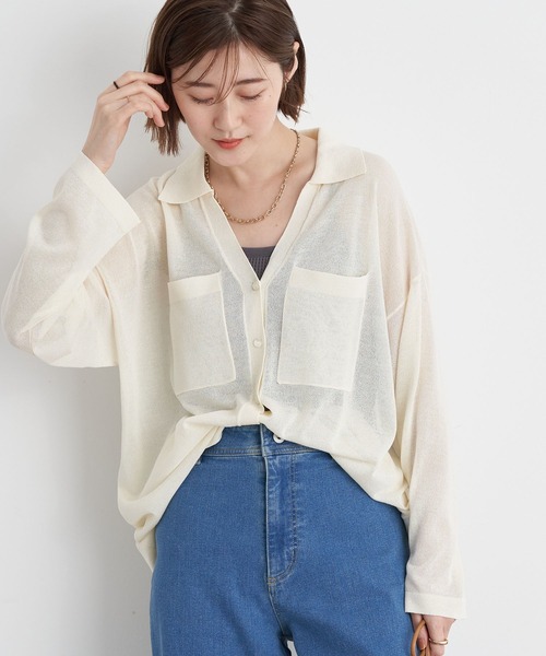 earth music&ecology(アースミュージックアンドエコロジー)の「ポケットディテールシアーニットシャツ(シャツ/ブラウス・レディース・アイボリー/グリーン/ブルー/ネイビー・FREE)」の2枚目の写真