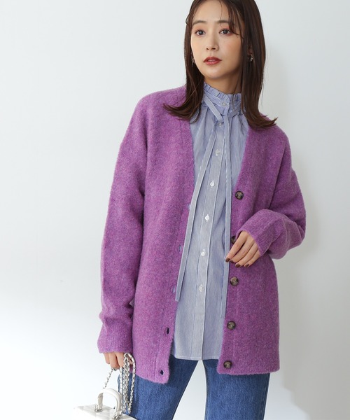 N.(N. Natural Beauty Basic)(エヌエヌナチュラルビューティーベーシック)の「【松井愛莉さん着用】◆ストレッチブークレニットカーディガン(カーディガン/ボレロ・レディース・パープル/ブルー/ナチュラル/チャコール・MEDIUM)」の4枚目の写真