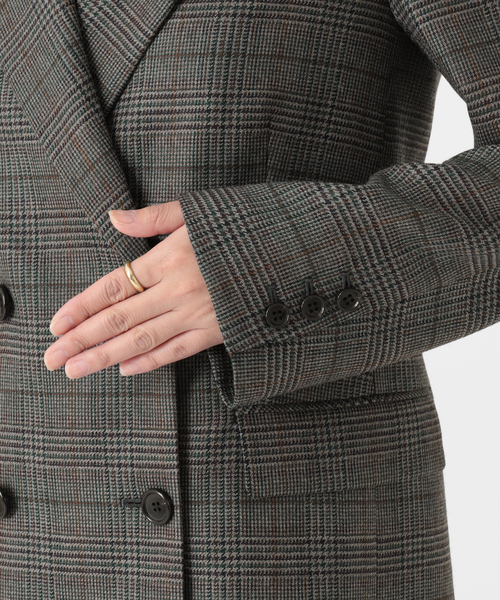 【美品】L'ESSAGE チェックダブルジャケット 38 ブラウン セール】チェックダブルジャケット（テーラードジャケット