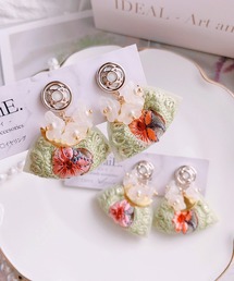 【RosraiE】フラワー インド刺繍リボン ピアス(グリーン)(MA)