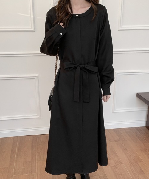 ECLIN（エクラン）の「ウエストマークAラインフレアワンピース（ワンピース・レディース・ブラック/ベージュ・FREE）」の6枚目の写真