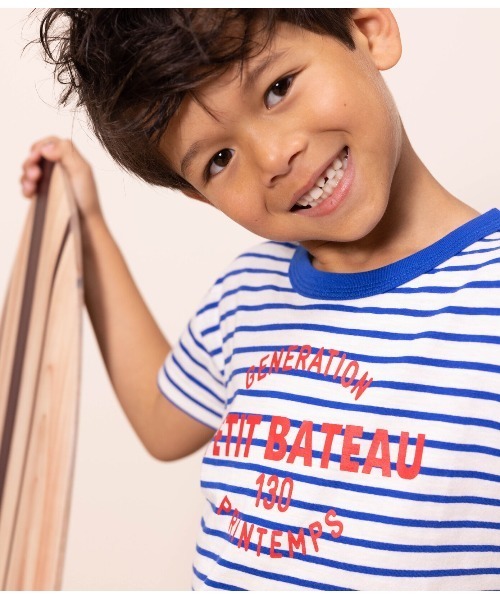 PETIT BATEAU（プチバトー）の「スラブジャージプチマリニエール半袖Ｔシャツ（Tシャツ/カットソー・キッズ・ホワイト×ブルー・6YEAR/8YEAR/10YEAR/12YEAR）」の2枚目の写真