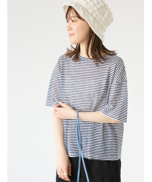 ehka sopo(エヘカソポ)の「シアーボーダーTシャツ(Tシャツ/カットソー・レディース・ネイビー/ベージュ/サックスブルー・フリ-)」の3枚目の写真