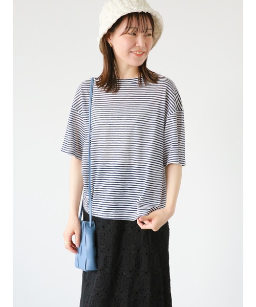 ehka sopo(エヘカソポ)の「シアーボーダーTシャツ(Tシャツ/カットソー・レディース・ネイビー/ベージュ/サックスブルー・フリ-)」の19枚目の写真