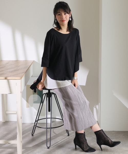 異素材重ね着風プルオーバー（Tシャツ/カットソー）｜ElegChic