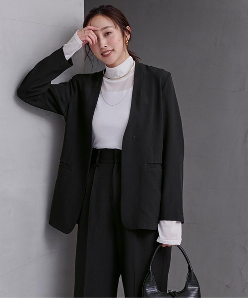 unaca美品❣️ 黒ジャケットノーカラー ウェッジスラブノーカラージャケット（ノーカラージャケット