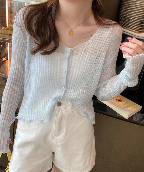 Jasmine Grandiflorum（ジャスミングランディフローラム）の「【Jasmine】シアーショート丈カーディガン（カーディガン/ボレロ・レディース・ブラック/ホワイト/ベージュ/ピンク/ブルー・FREE）」の4枚目の写真