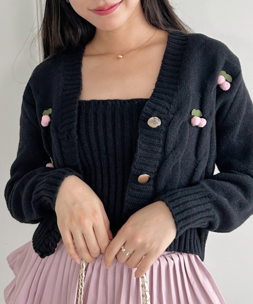 セール】ぽんぽんチェリーニットキャミ＋カーディガンSET（ニット