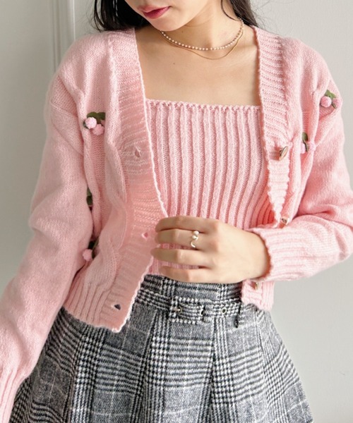 セール】ぽんぽんチェリーニットキャミ＋カーディガンSET（ニット