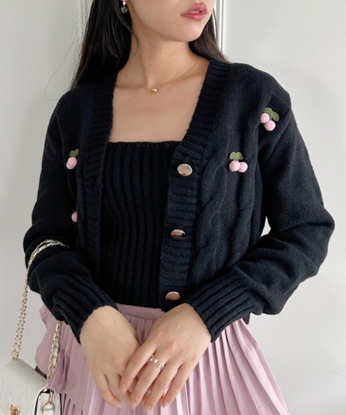 セール】ぽんぽんチェリーニットキャミ＋カーディガンSET（ニット