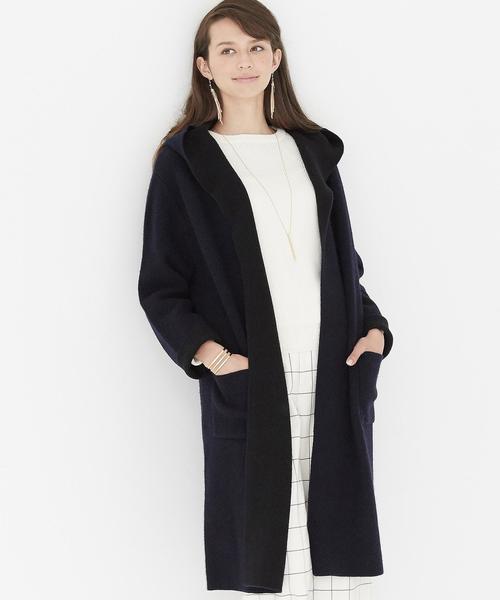 green label relaxing（グリーンレーベルリラクシング）の「KF W/NY Wフェイス LONG HOODカーディガン◆（カーディガン/ボレロ・レディース・グレー/ネイビー・FREE）」の2枚目の写真