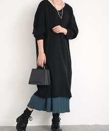 バックスリットニット&プリーツ切替えワンピースセット【大きいサイズ対応】