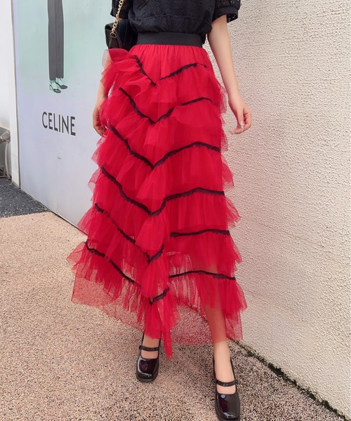 レース配色チュールティアードボリュームスカート（スカート）｜deux  