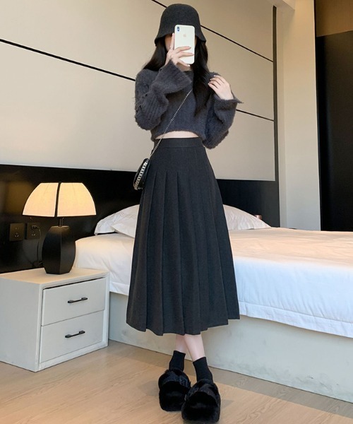 セール】フロントプリーツスカート ミモレ丈 バックギャザー