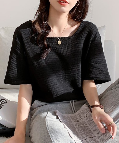 Bifrost(ビフレスト)の「ワッフル生地でこなれ感。スクエアネックベーシックTシャツ(Tシャツ/カットソー・レディース・グリーン/ブラック/ホワイト・L/M)」の3枚目の写真