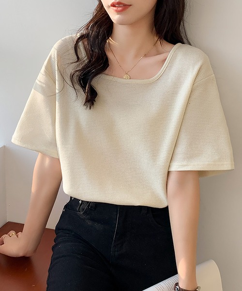 Bifrost(ビフレスト)の「ワッフル生地でこなれ感。スクエアネックベーシックTシャツ(Tシャツ/カットソー・レディース・グリーン/ブラック/ホワイト・L/M)」の13枚目の写真