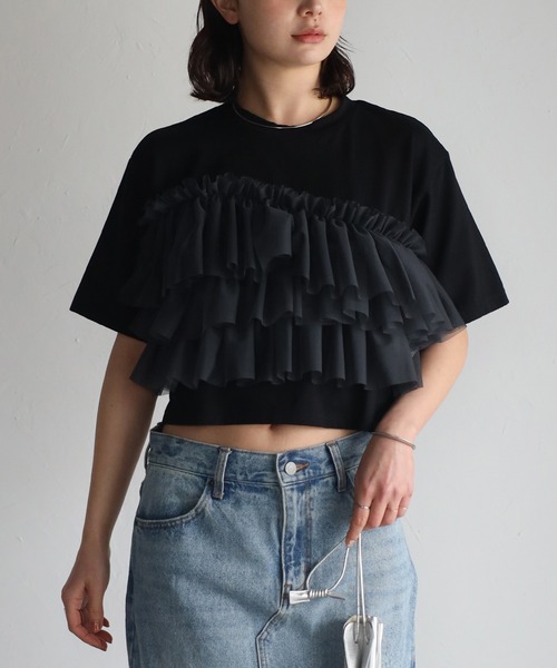 r.（アールドット）の「チュールドッキング　クロップドT（Tシャツ/カットソー・レディース・グレイッシュベージュ/アイボリー/ブラック/チャコールグレー・FREE）」の3枚目の写真