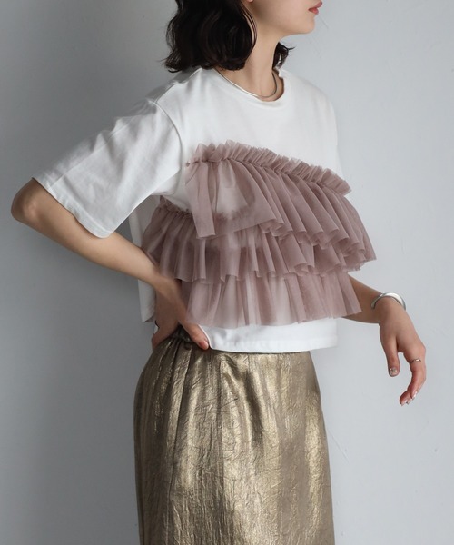 r.（アールドット）の「チュールドッキング　クロップドT（Tシャツ/カットソー・レディース・グレイッシュベージュ/アイボリー/ブラック/チャコールグレー・FREE）」の9枚目の写真