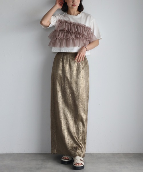 r.（アールドット）の「チュールドッキング　クロップドT（Tシャツ/カットソー・レディース・グレイッシュベージュ/アイボリー/ブラック/チャコールグレー・FREE）」の11枚目の写真