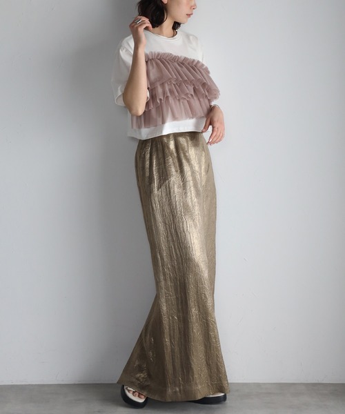 r.（アールドット）の「チュールドッキング　クロップドT（Tシャツ/カットソー・レディース・グレイッシュベージュ/アイボリー/ブラック/チャコールグレー・FREE）」の12枚目の写真