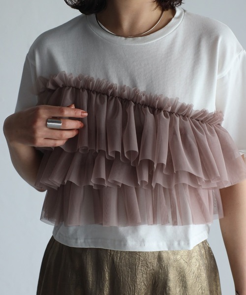 r.（アールドット）の「チュールドッキング　クロップドT（Tシャツ/カットソー・レディース・グレイッシュベージュ/アイボリー/ブラック/チャコールグレー・FREE）」の14枚目の写真