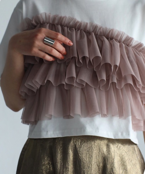 r.（アールドット）の「チュールドッキング　クロップドT（Tシャツ/カットソー・レディース・グレイッシュベージュ/アイボリー/ブラック/チャコールグレー・FREE）」の15枚目の写真