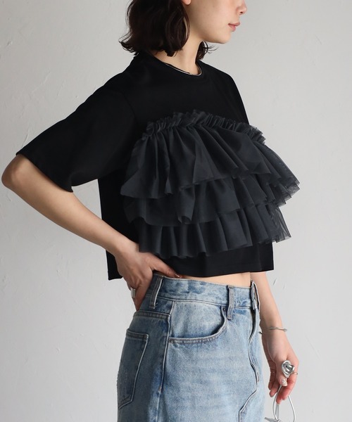 r.（アールドット）の「チュールドッキング　クロップドT（Tシャツ/カットソー・レディース・グレイッシュベージュ/アイボリー/ブラック/チャコールグレー・FREE）」の17枚目の写真