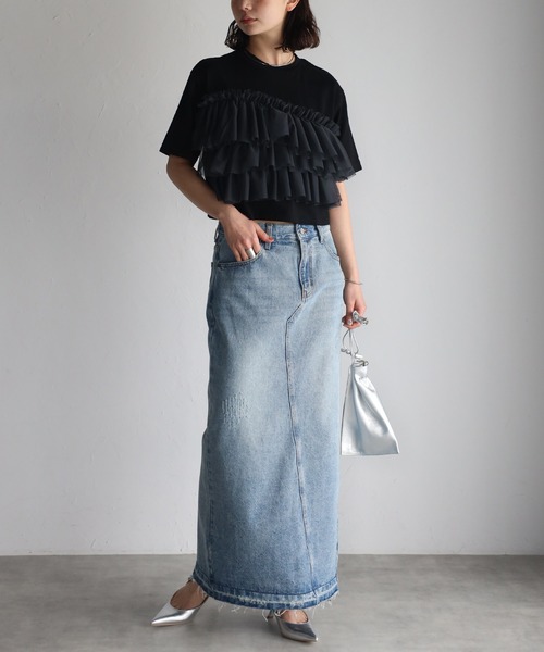 r.（アールドット）の「チュールドッキング　クロップドT（Tシャツ/カットソー・レディース・グレイッシュベージュ/アイボリー/ブラック/チャコールグレー・FREE）」の19枚目の写真